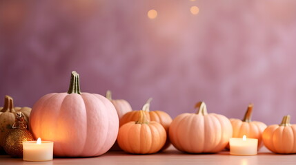 White and pink pumpkins on a background of pastel shades. Concept of Thanksgiving day or Halloween.