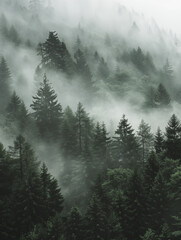 Forest covered in mist with trees, overcast day, dark gray style landscape, minimalist black and white muted palette