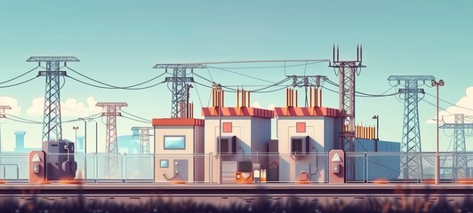 Illustration of a substation with switchgear and a transmission transformer. Colorful and stylized concept of electrical infrastructure with power lines and industrial buildings