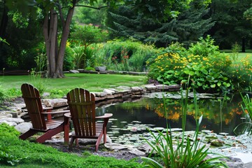 Fototapeta na wymiar Two Lawn Chairs by Pond