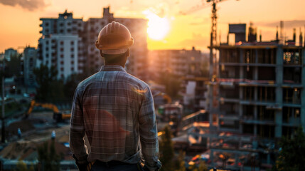 photography of an engineer wearing a helmet and workwear standing on a construction site