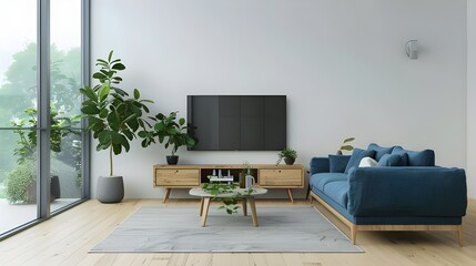 Fototapeta premium Blue sofa against window and wooden sideboard with tv. Minimalist home interior design of modern living room.