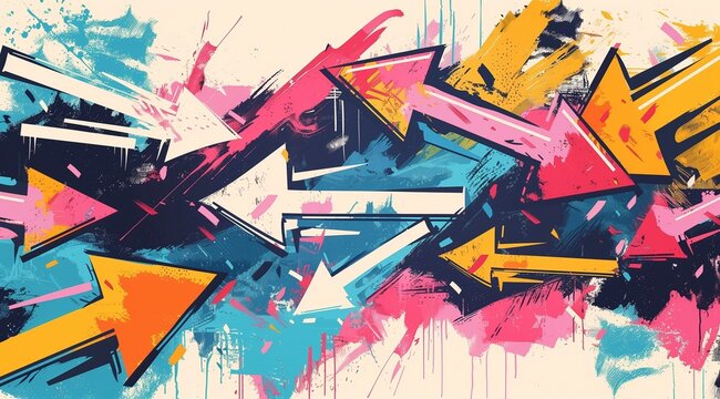 Abstract energy flow. A dynamic background with colorful arrows and brush strokes in a vibrant clash of pink, yellow, and blue hues, ideal for creative and energetic design themes.