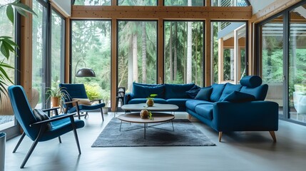 Obraz premium Blue sofa and lounge chairs in spacious room. Minimalist home interior design of modern living room in cottage in forest.