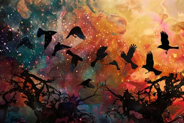Fotobehang : A flock of birds in a starlit sky, weaving intricate patterns and silhouettes against a vivid, colorful background © Kashif