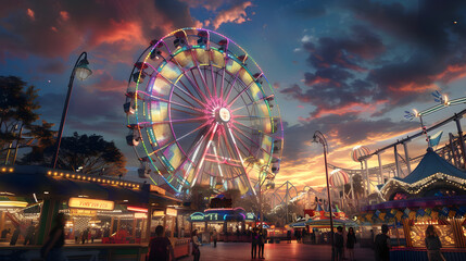 Vibrant Sunset over A Bustling Amusement Park: A Captivating Display of Joy and Excitement