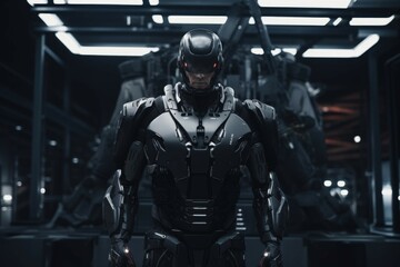 Fototapeta premium A person in a futuristic, robotic suit, standing in a dark, industrial environment