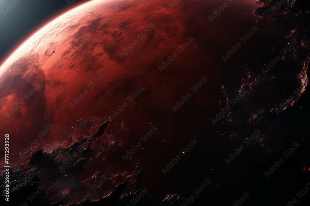 Wall mural a view of a planet's surface with a deep red hue and a few craters