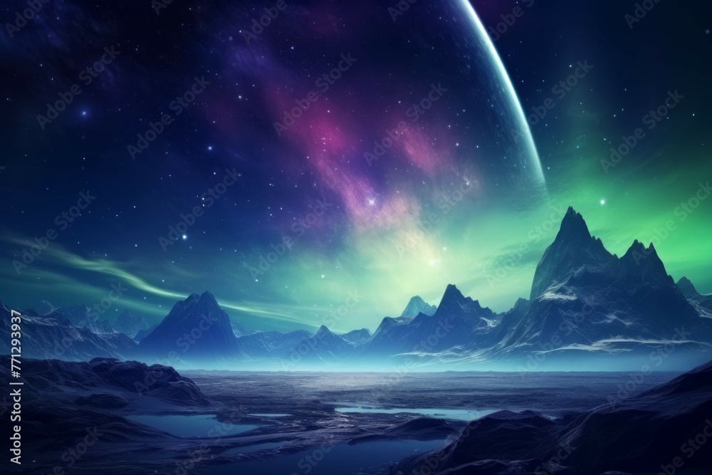 Canvas Prints a view of a distant planet with a bright, colorful aurora in the sky