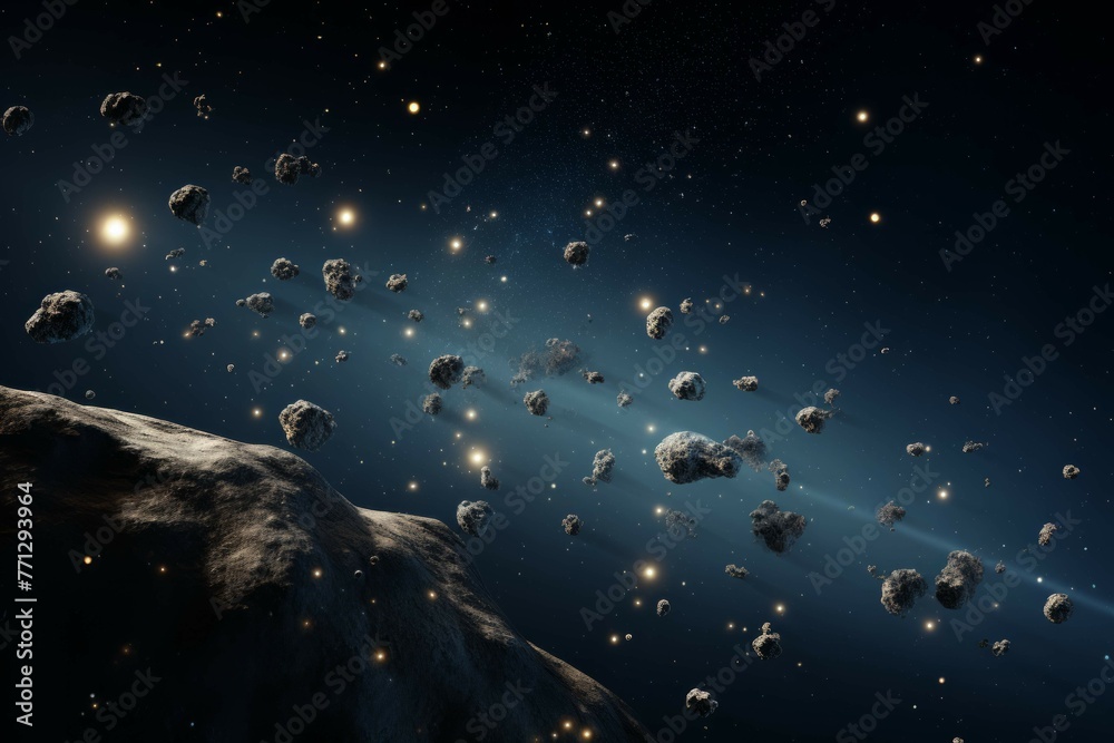 Wall mural a view of an asteroid belt, with small asteroids orbiting a distant star