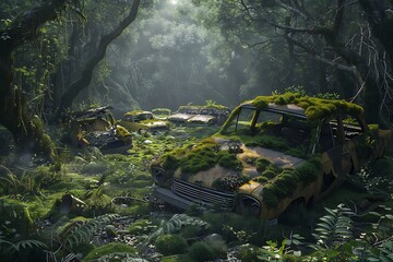 : A forgotten car graveyard, with cars overgrown with moss and weeds, beneath the gentle canopy of an ancient forest