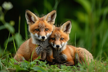 two red fox cubs sitting in grass in the style of urban a00366a4-e52b-43f0-ae39-557cb8bd7db1
