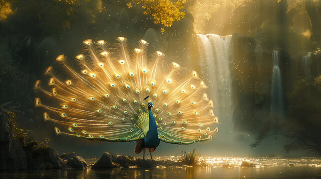 A Peacock spreading tails on green forest background with massive waterfalls and golden sunlight, animal photography