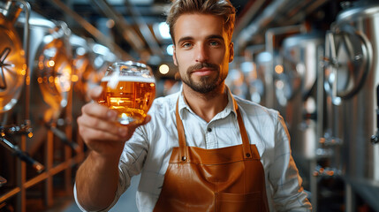 Control quality of craft beer, Expert brewer in apron holds glass and checking color. Worker man sommeliers taste drink on brewery factory. - obrazy, fototapety, plakaty