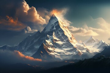 A desktop wallpaper of a majestic and serene mountain landscape with a snow-capped peak in the background - obrazy, fototapety, plakaty