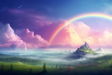 A desktop wallpaper of a mysterious and surreal landscape with a rainbow in the background