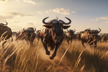 A wide-angle shot of a herd of wildebeest running across an open grassland - obrazy, fototapety, plakaty
