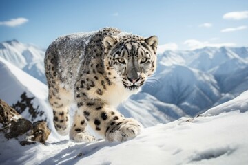 Obraz premium A snow leopard stalking its prey through the Himalayan mountains