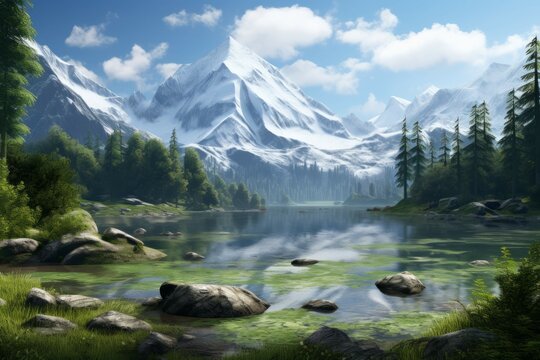 A desktop wallpaper of a tranquil lake surrounded by lush green forests and snow-capped mountains in the background