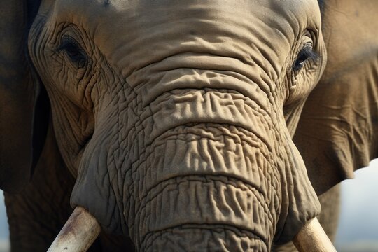 A close-up of an elephant's trunk and face, with the animal looking directly into the camera