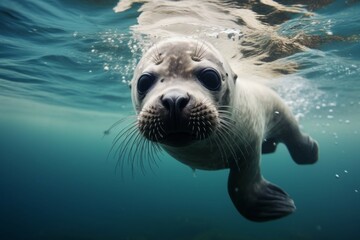 A baby seal pup swimming in the ocean, its eyes wide with curiosity and its whiskers twitching