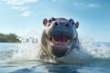 Obraz premium A baby hippopotamus playing in a lake, its large body splashing around in the water