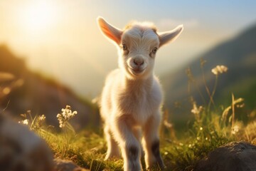 A baby goat standing on a hill, its eyes looking around curiously and its horns gleaming in the sunlight