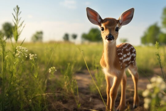 A baby deer fawn standing in a field, its ears perked up and its eyes looking around curiously