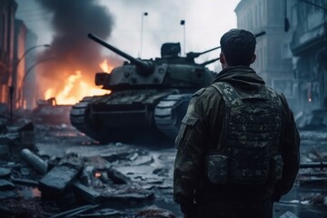 A soldier in a camouflaged uniform standing in front of a tank in a destroyed city street, with smoke and destruction in the background - obrazy, fototapety, plakaty