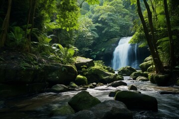 Obraz premium a lush tropical forest with a waterfall and a river