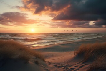 a windy beach with sand dunes and a beautiful sunset - obrazy, fototapety, plakaty