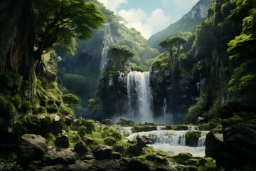 a majestic waterfall cascading down a rocky cliff, surrounded by lush green vegetation - obrazy, fototapety, plakaty