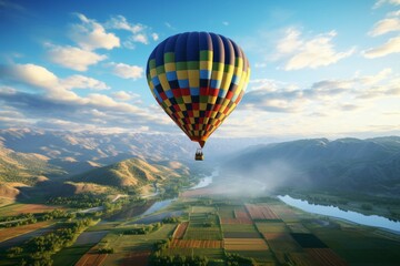 Fototapeta premium a colorful hot air balloon rising up into the sky with a picturesque view of the landscape below