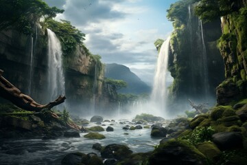 A majestic waterfall cascading down a rocky cliff, surrounded by lush vegetation - obrazy, fototapety, plakaty