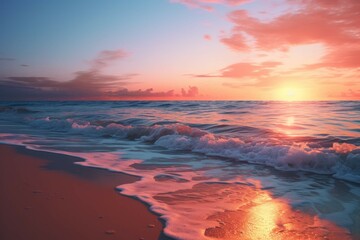 Fototapeta na wymiar A beach at sunset with a bright orange sky and a calm, blue ocean
