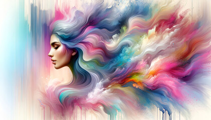 The profile of a woman's face blends seamlessly into a vibrant and colourful abstraction, reminiscent of flowing hair or a dynamic explosion of colour. AI generated.