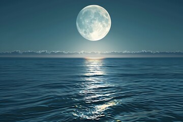 Naklejka na ściany i meble : A full moon rising over a tranquil ocean, casting a silver glow on the gentle waves