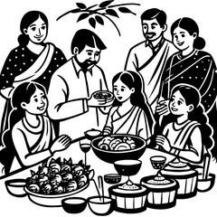 Illustrate a scene of families gathering together for a festive meal, complete with traditional Maharashtrian dishes, to mark the occasion of Gudi Padwa