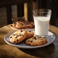 A plate of freshly baked cookies with a glass of milk on the side