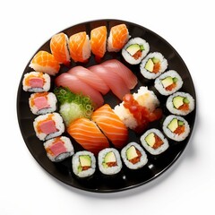 A plate of sushi rolls with pickled ginger, wasabi and soy sauce, isolated on white background
