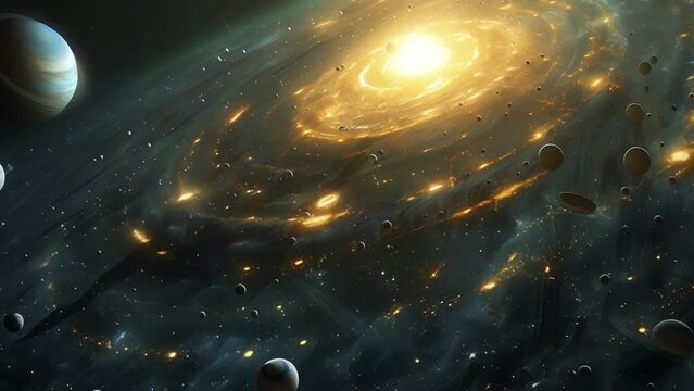 An illustration of the solar system with planets and their moons orbiting in perfectly calculated paths representing the order and predictability of the universe while comets