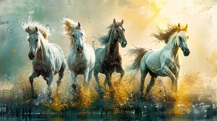 Golden brushstrokes on oil canvas for a modern art background featuring horses in green and gray. Ideal for wallpapers, posters, murals, carpets, and prints.