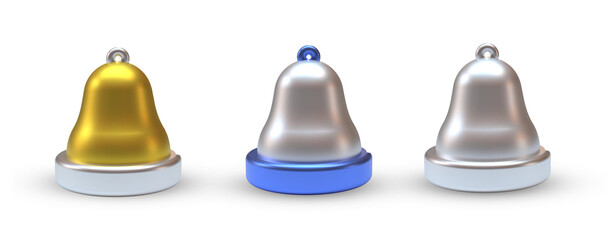Bell 3d render in silver gold and blue color without background