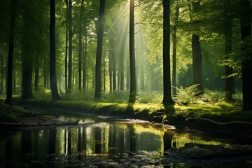 A lush green forest with a sunbeam shining through the trees, highlighting the beauty of nature