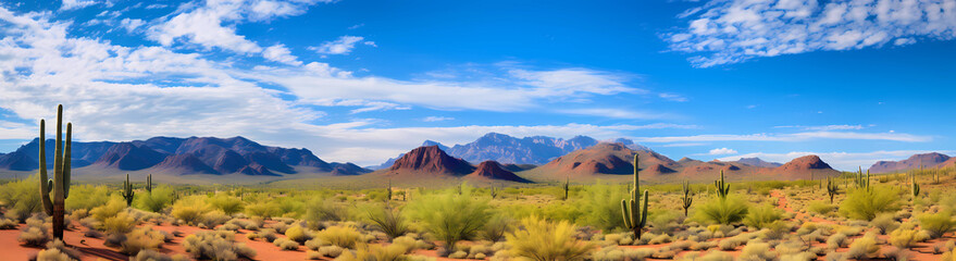 Panoramic photo of the Arizona desert with cacti and mountains, blue sky, green plants, red sand...