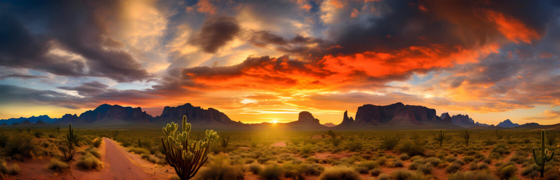 Panoramic photo of beautiful sunset in the Arizona desert with cacti and mountains, dramatic clouds 