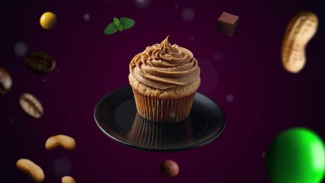 Peanut butter Cupcake Animation intro for advertising or marketing on dark purple backgroun for restaurants with the ingredients of the dessert flying in the air - add price or sale