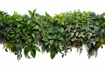 A vine covered wall with lush green leaves and a variety of other plants, isolated on white background