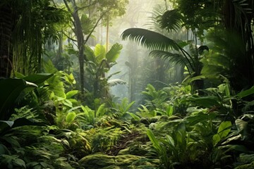 A lush tropical rainforest with tall trees and a diverse array of plants, isolated on white background