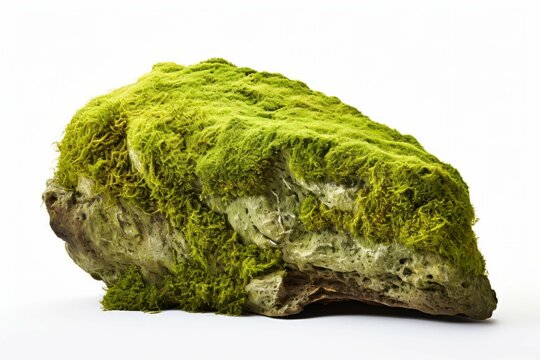 A closeup of a moss covered rock with its vibrant green hues and intricate details, isolated on white background